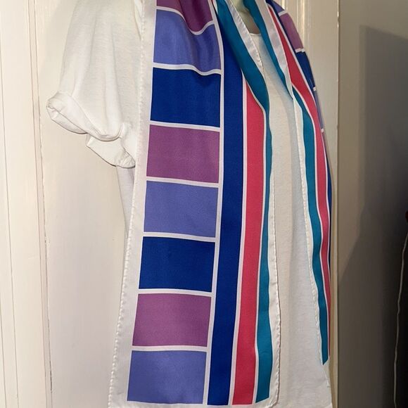 Vtg mid century Morsly Handkerchief Co multi color stripes & blocks long scarf - Picture 3 of 8